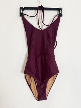 SIE swim maroon lace up back one piece swimsuit